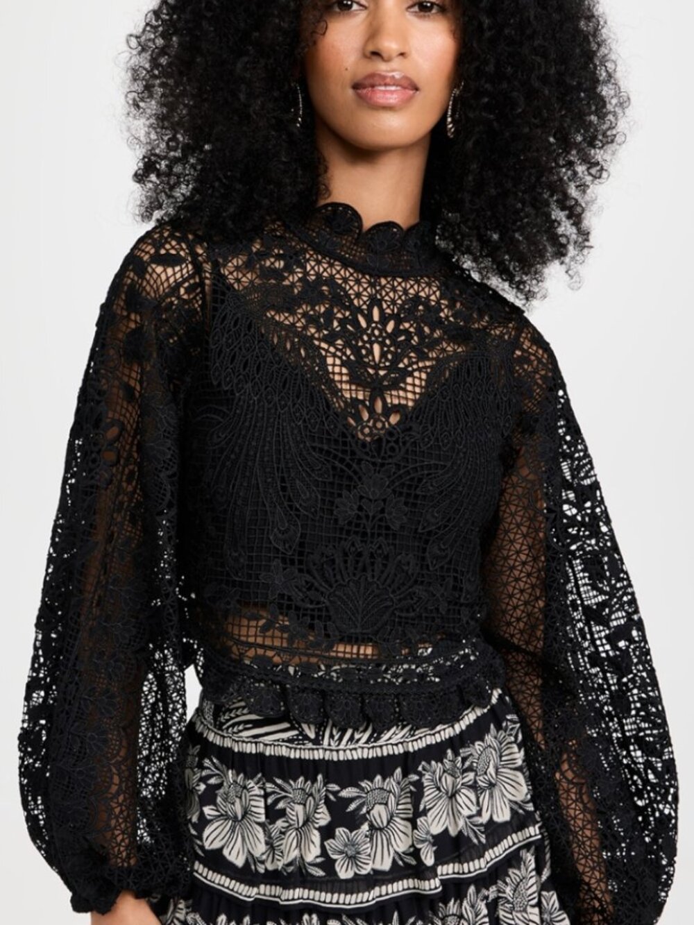 FARM Rio Black Guipure Long Sleeve Blouse